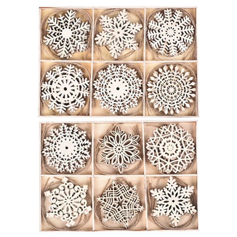 24pieces/box Christmas Tree Pendant Snowflake Box Set Ornaments Wooden Christmas Trees Decorations Festive Party Home Decoration