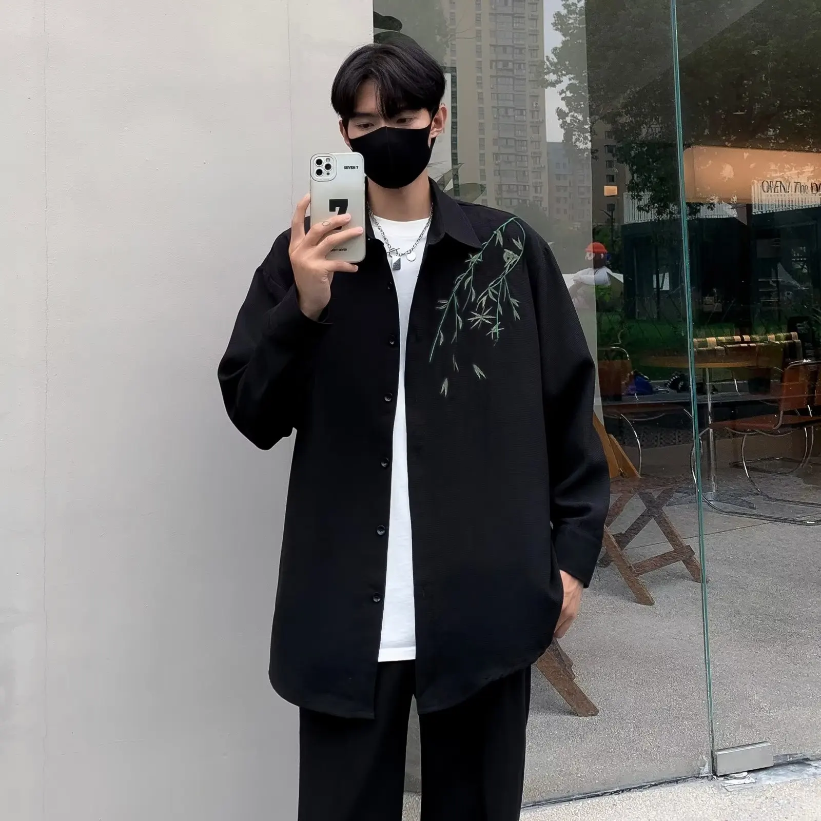 

Мужская свободная посадка с бамбуковым принтом Long Sve, модная корейская повседневная рабочая одежда больших и высоких размеров