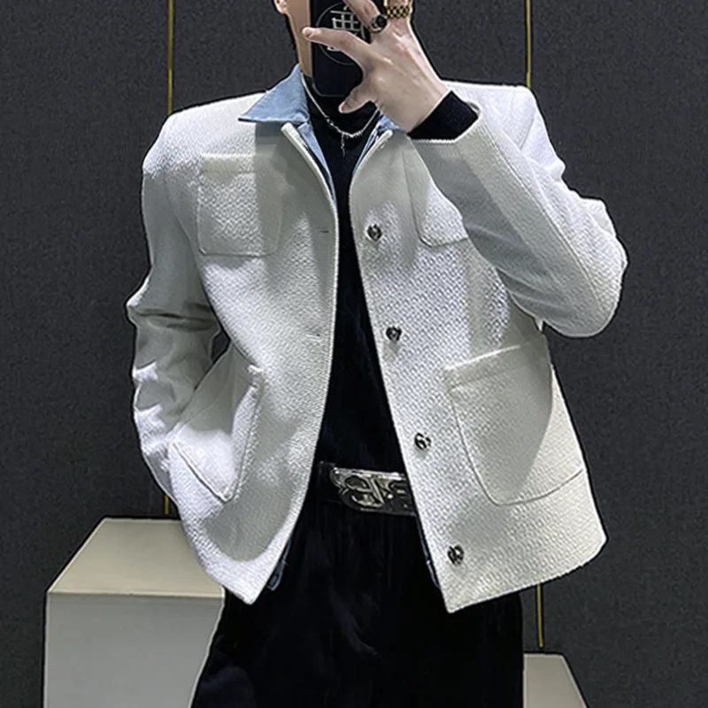 WVGA Spring Autumn New Man Jacket Patchwork Denim Fake Two Pieces Single Breasted Multi-pocket Padded Shoulder Short Coat W13220