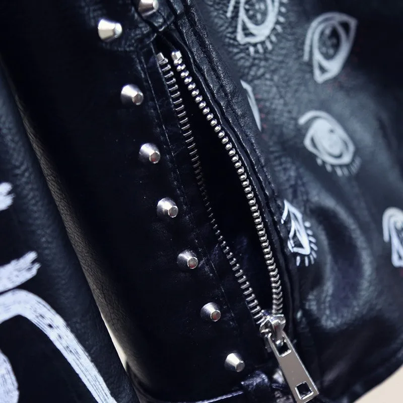 Punk style lapel women's PU leather jacket shoulder badge belt printed motorcycle jacket leather rivet short jacket