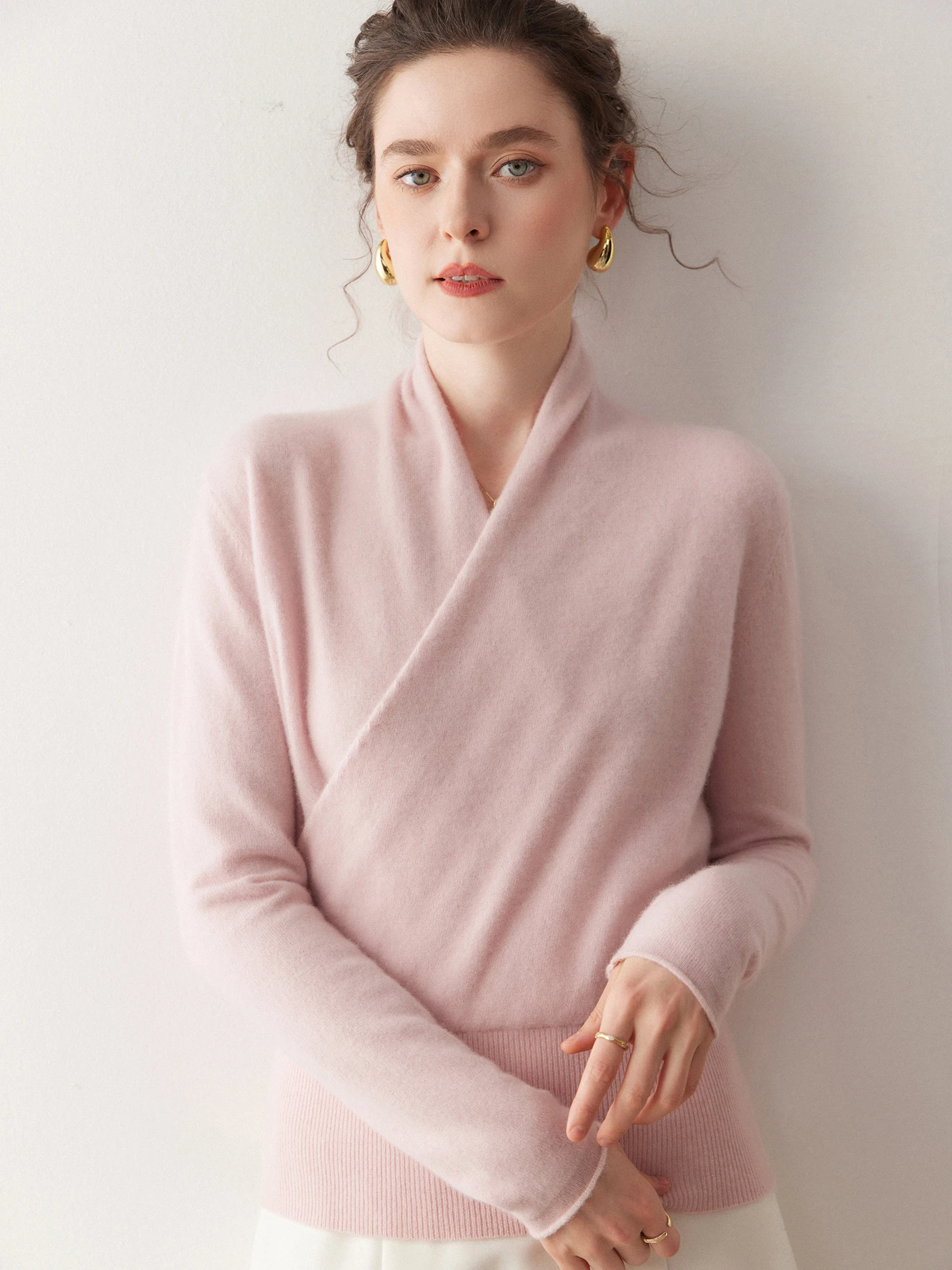

TLOML Women's 100% Cashmere Sweater Crossover Collar Pullover Spring Autumn Office Lady Basic Grace Cashmere Knitwear Solid Tops
