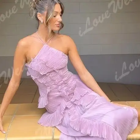 

Elegant Purple Halter A Line Prom Gowns Ruffles Tiered Backless Party Gown Summer Vacation Chiffon Long Evening Dress