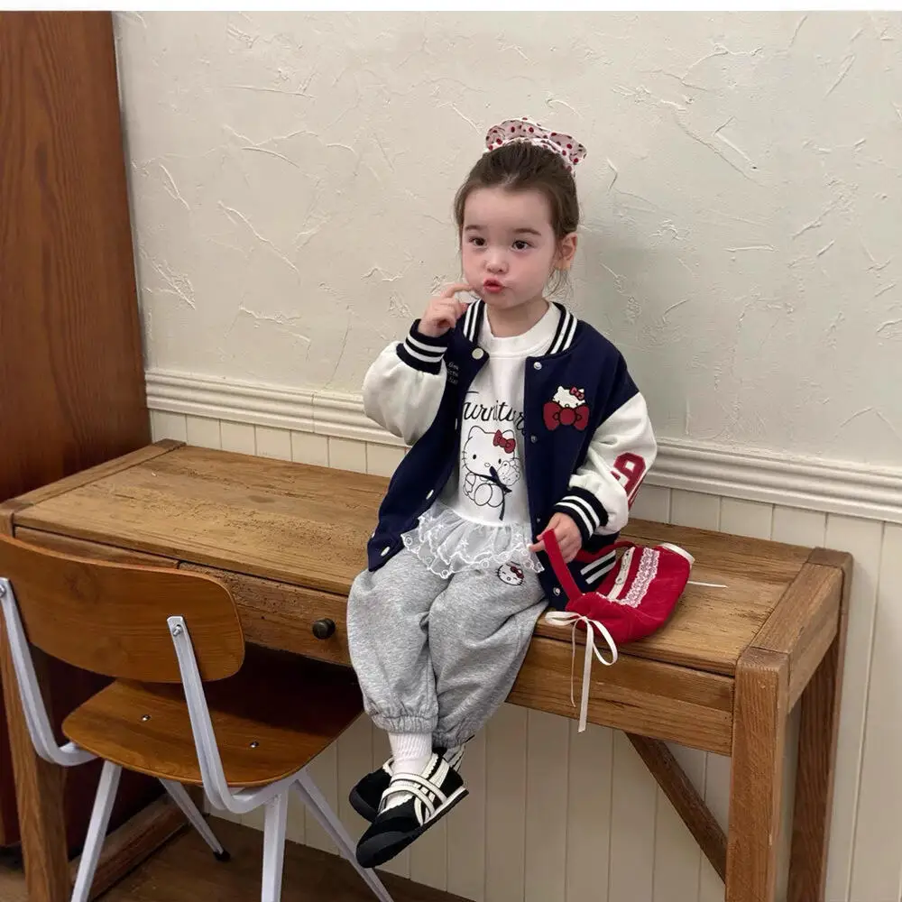 

Sanrio Hello Kitty Girls Suit Autumn New Kids Baseball Jacket Girl Clothes Sets Sweatshirt and Sweatpants Children's Clothing