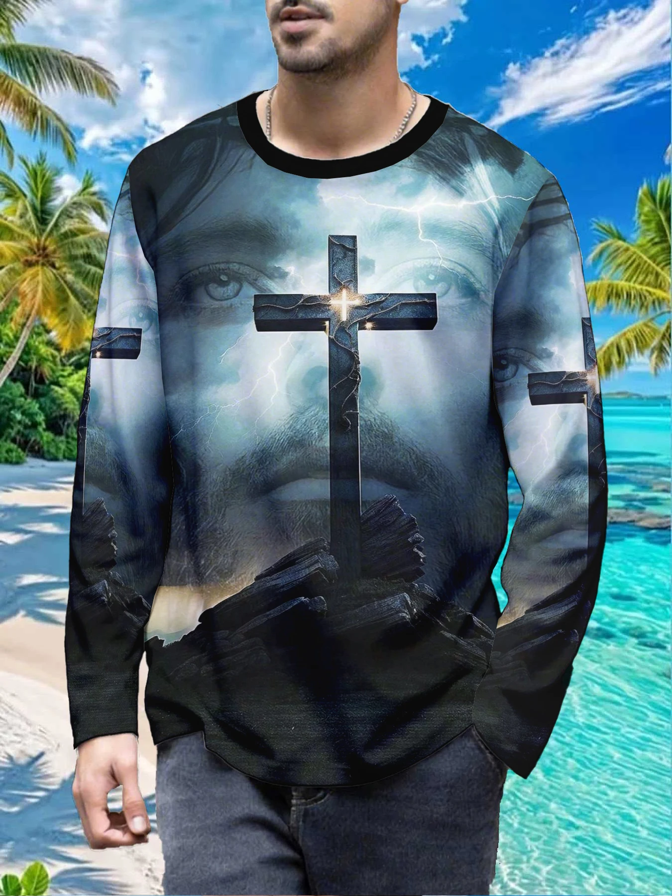 Easter Jesus Cross Faith Spiritual Mens Polyester Long Sleeve T Shirt Religious Crucifix Thunder Print Graphic Tee Casual Breath
