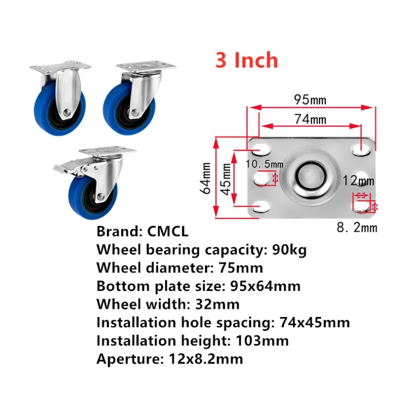 4 Stks/partij 3 Inch 304 Roestvrijstalen Zwenkwielen Medium Blauw Tpr Twin As Rubber Universele Roller Stille Wiel Caster 270Kg