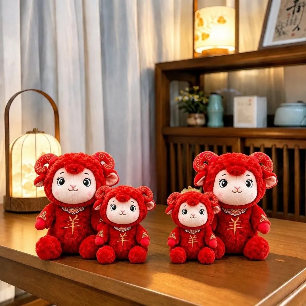 Stuffed Sheep Plush Toy Soft Festive Zodiac Mascot Doll Vibrant Traditional Auspicious Red Goat Home Decoration