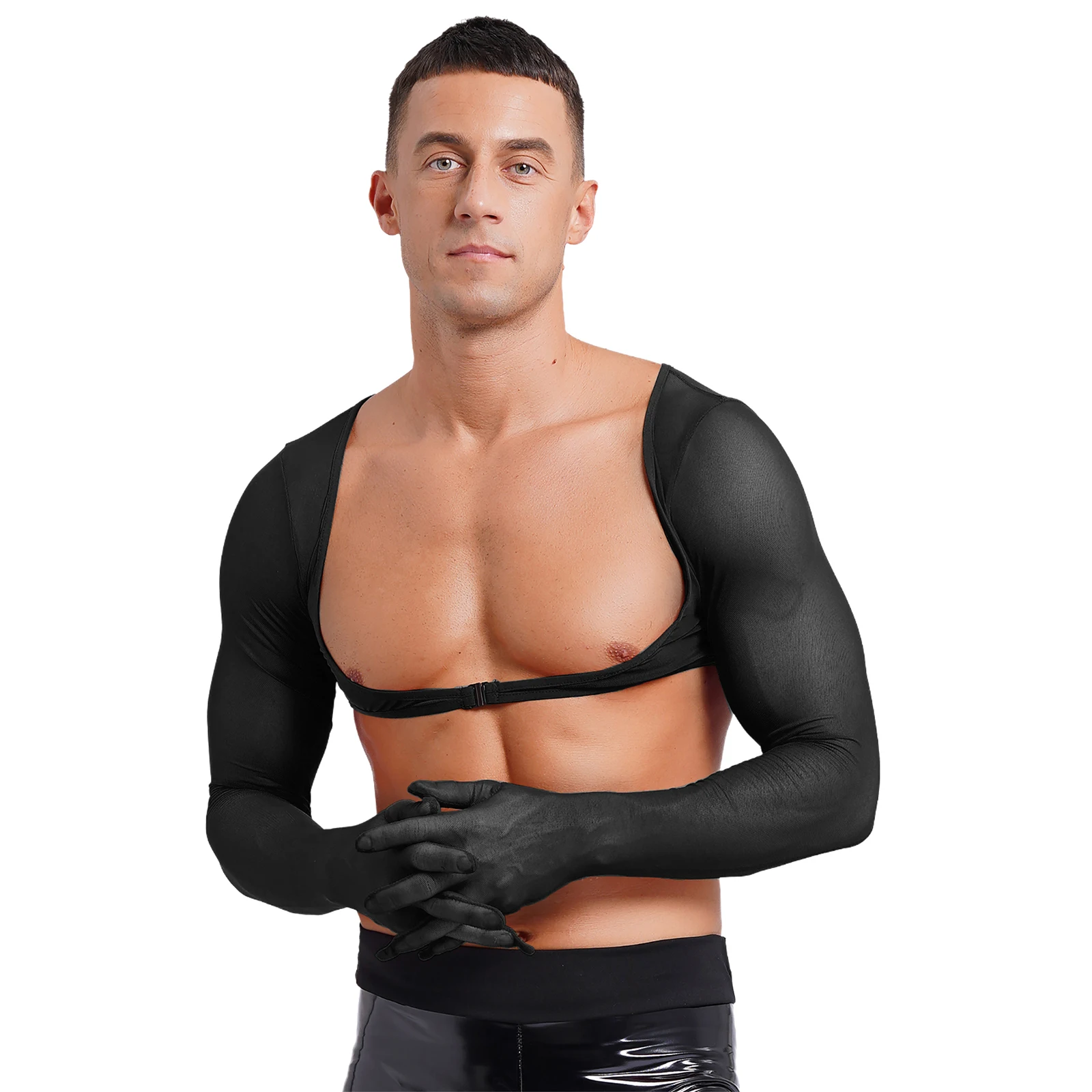

Mens See-through Mesh Gloves Tops Long Sleeve Open Front Buckle Crop Top Sexy Sheer T-Shirts Tees Rave Party Pole Dance Clubwear