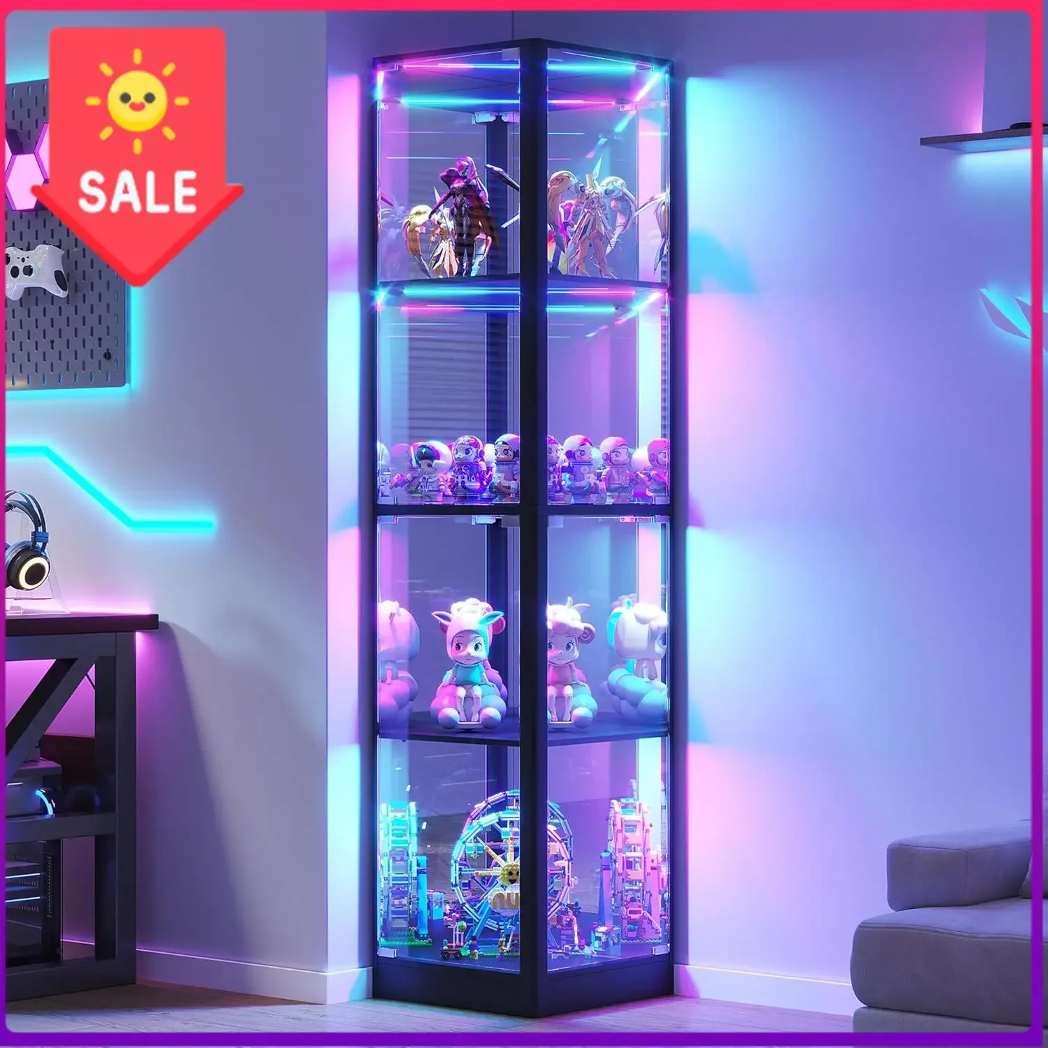 Corner Display Cabinet with Glass Doors & RGB Lights | 68