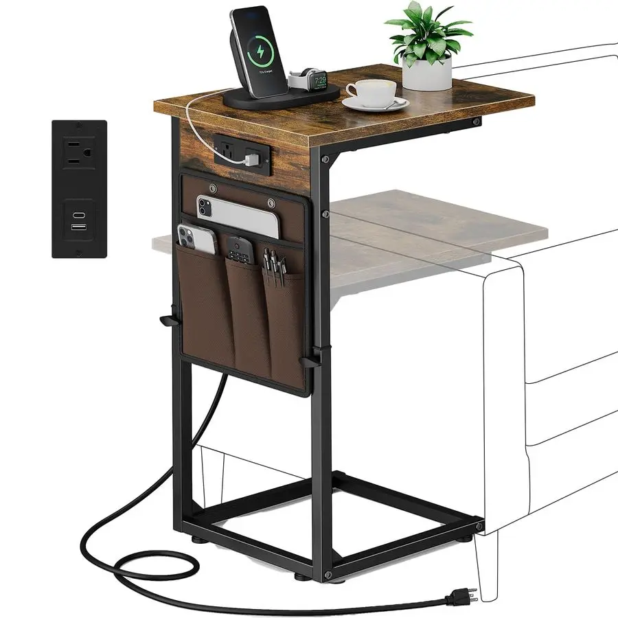 Mesa auxiliar en forma de C con estación de carga, altura ajustable, bolsa de almacenamiento, 16"D x 12"W x 33"H