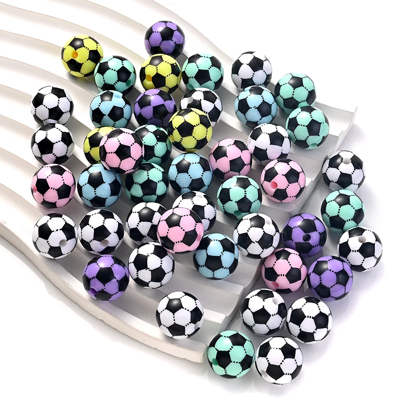 10Pcs/pack Soccer Printed Acrylic Beads Multi-Color Round Loose Beads for Diy Bracelet Cell Phone Chain Keychain Accessories