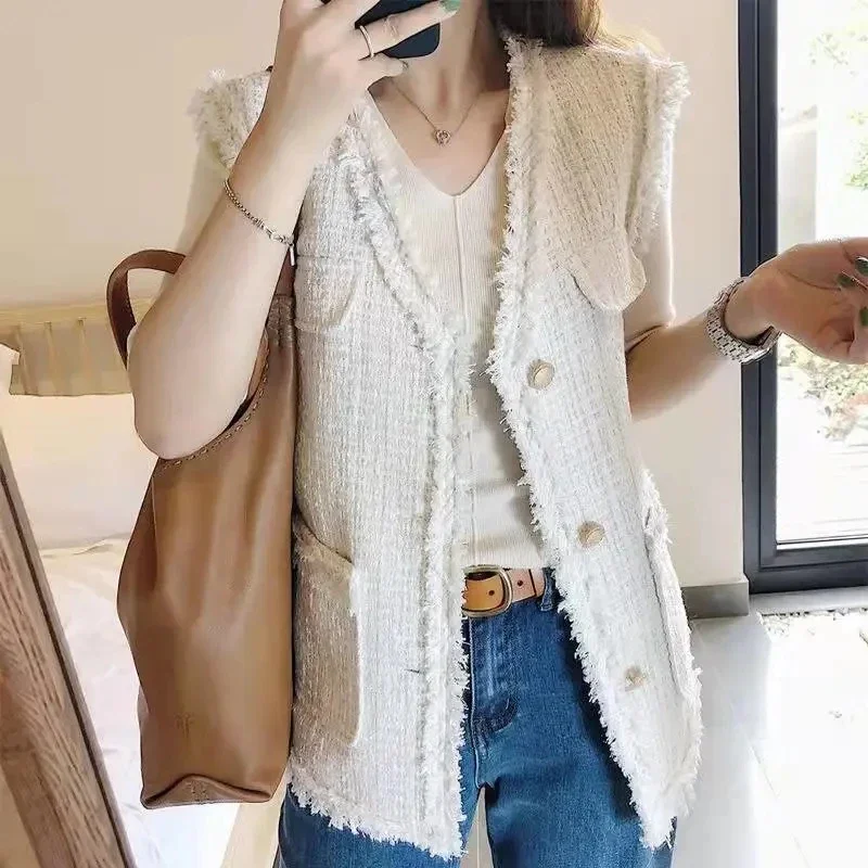 Autumn Winter V-neck Single-breasted Knitted Vest All-match Sleeveless Pockets Soft Women Sweater Korean Fashion Streetwear Tops