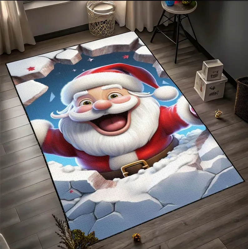 3D Santa Claus Christmas Rug Funny Optical Illusion Flannel Mat Christmas Snow Dwarf Old Man Printed Carpet Christmas Decoration