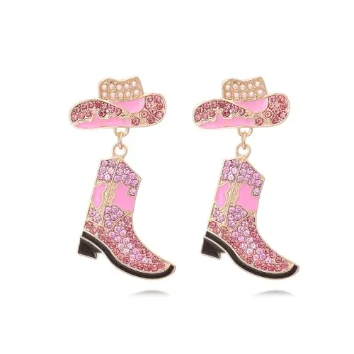 Classic Granite Cowboy Hat Stud Earring Pink Crystal Triangle Boots Stud Earrings for Women Travel Vacation Jewelry Gift