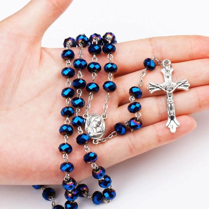D8KF Blue Crystal Beads Catholic Rosary Necklace Holy Land Baby Religious for Cross Necklaces Men Women Jewelry Charm Christmas
