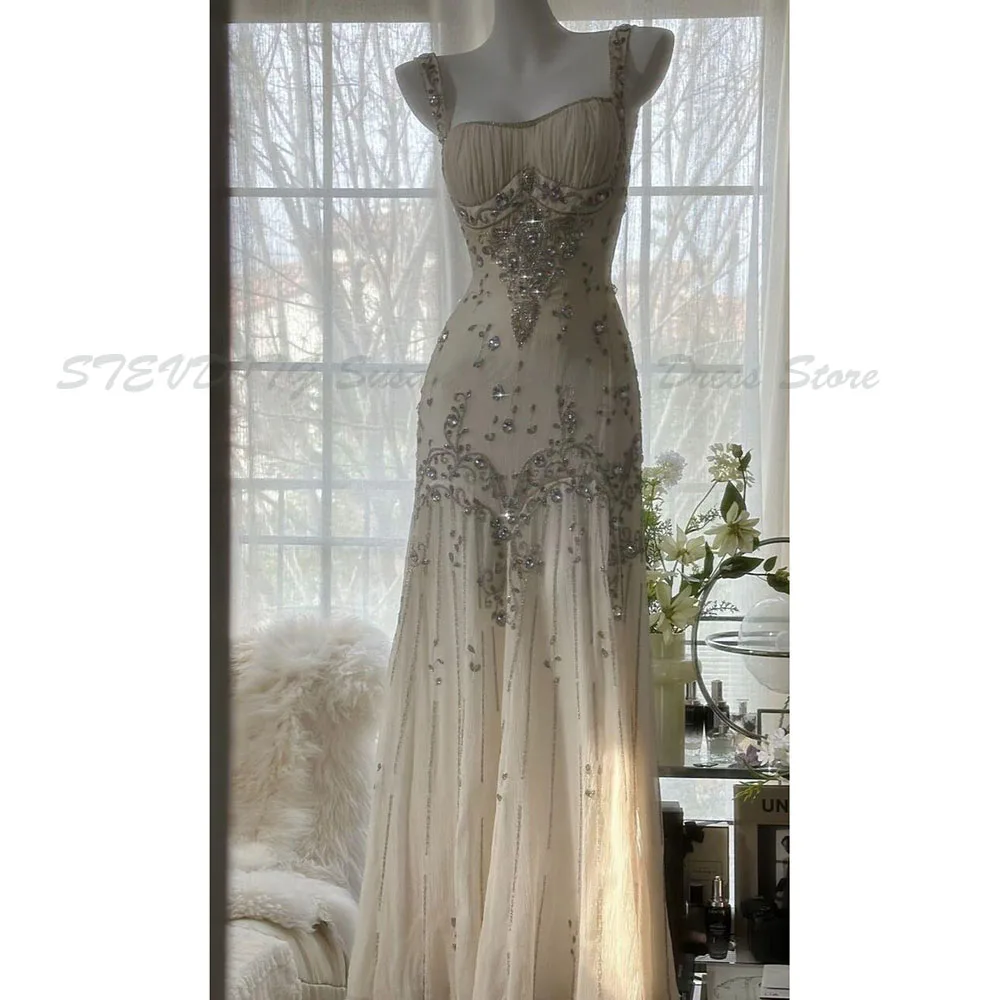 Classic Evening Dresses Women Spaghetti Strap A Line Sequins Sparkle Crystals Floor Length High Quality Banquet Female Gowns