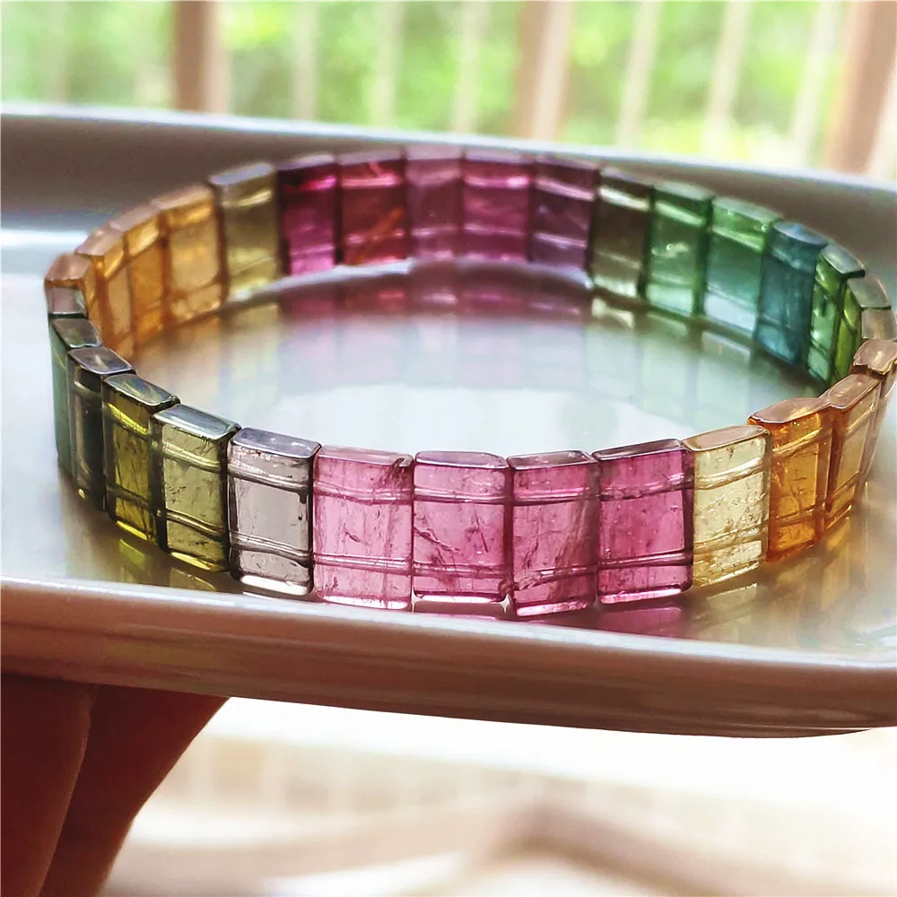 Natural Colorful Purple Tourmaline Clear Rectangle Beads Bracelet Brazil 10x5mm Women Men Blue Red Tourmaline AAAAAAA