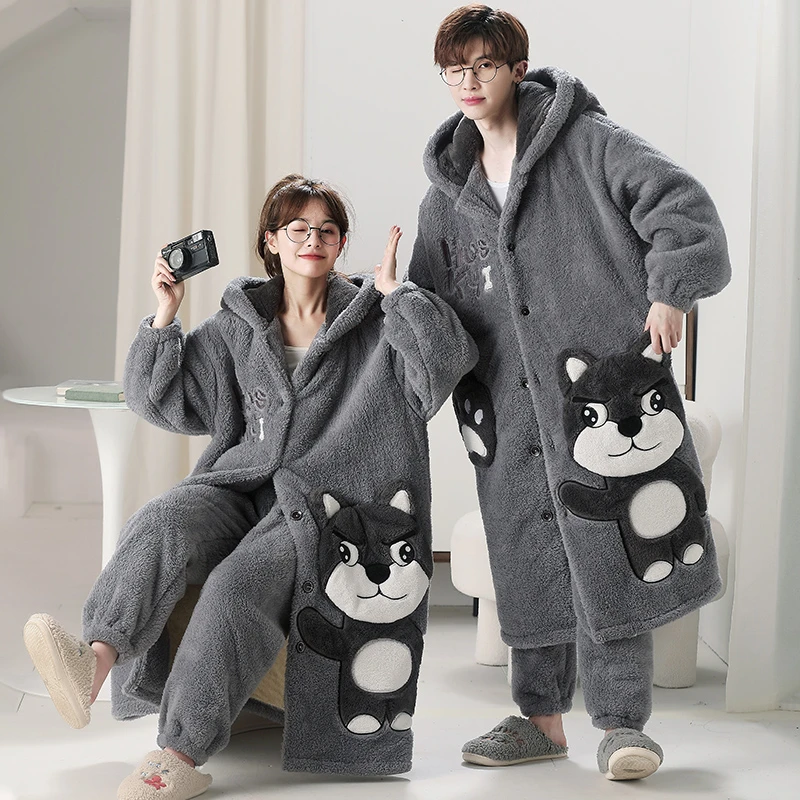 Winter Kigurumis Dog Pajamas Robes Women Men Thick Warm Nightgown Coral Fleece Long robe Kawaii Hooded Nightdress Adult Pijama