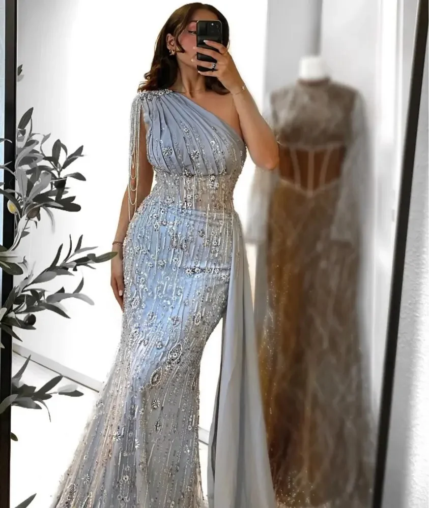 Elegant Light Blue One Shoulder Mermaid Evening Dresses with Side Tail Crystals Chains Beaded Sequins Wedding Dinner Party Gowns