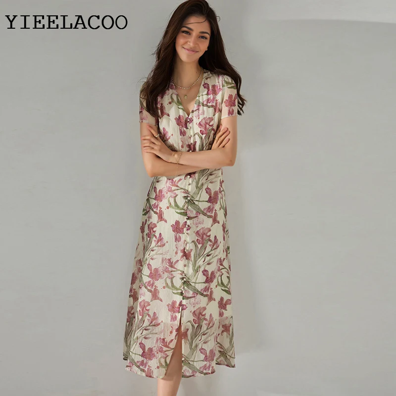 

Розовое платье с цветочным принтом, тонкое, с короткими рукавами, весна/лето 2026, женское платье для отпуска, цельное женское классическое платье с низом