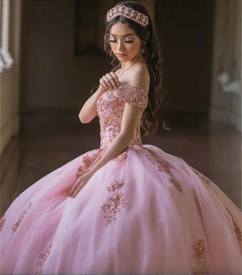 Индивидуальные милые платья 15 16, розовое тюлевое кружевное платье Quinceanera с аппликацией и открытыми плечами, вечерние платья Vestidos De 15 Años