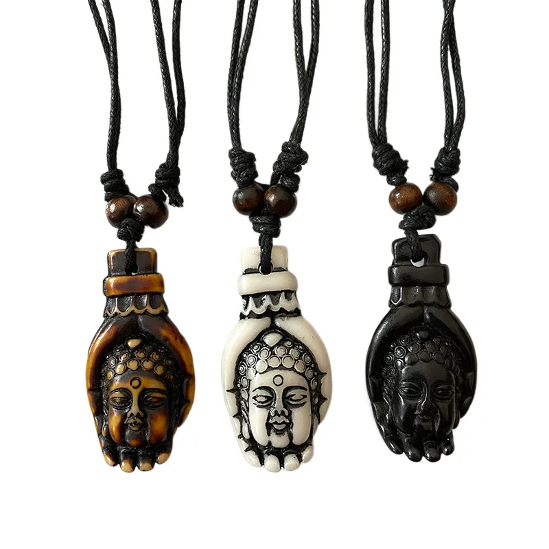 1 Piece Women and Men Vintage Ethnic Style Hand-held Buddha Head Resin Pendant Necklace Adjustable Necklace for Men