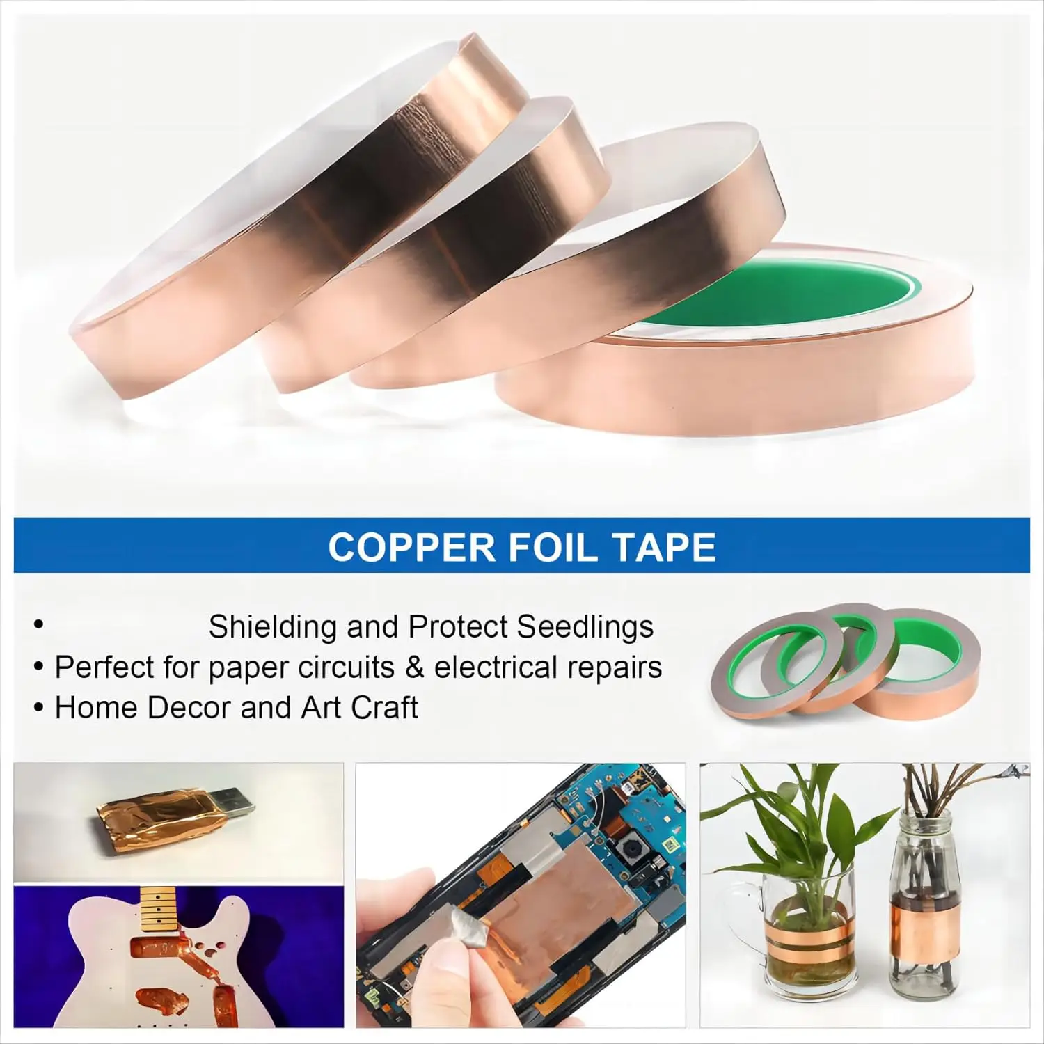 Adhesive Conductive Copper Foil Tape 5/6/8/10/15/20/25/30/35/40/45/50mm Single/Double Sided Conduct Copper Foil Tapes Length 20M