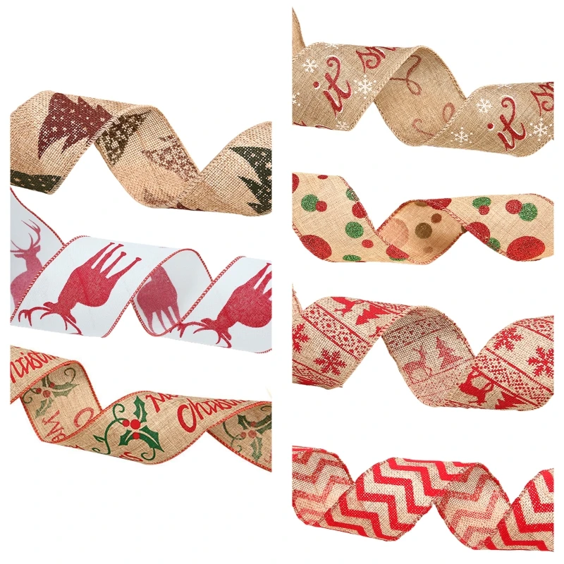 10 Rolls Rustic Burlap Cartoon Elk Christmas Ribbon DIY Gift Wrapping Decoration
