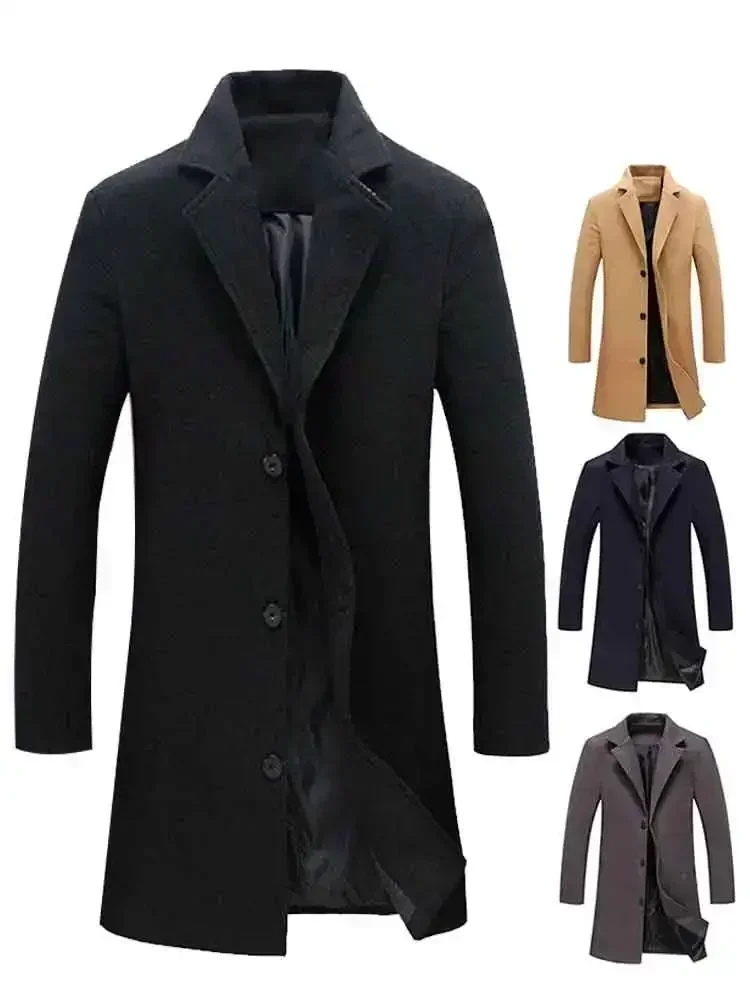 Single Breasted Revers Lange Jas Jas Mode Herfst Winter Casual Overjas Plus Size Loopgraaf Heren Wollen Jassen Effen Kleur