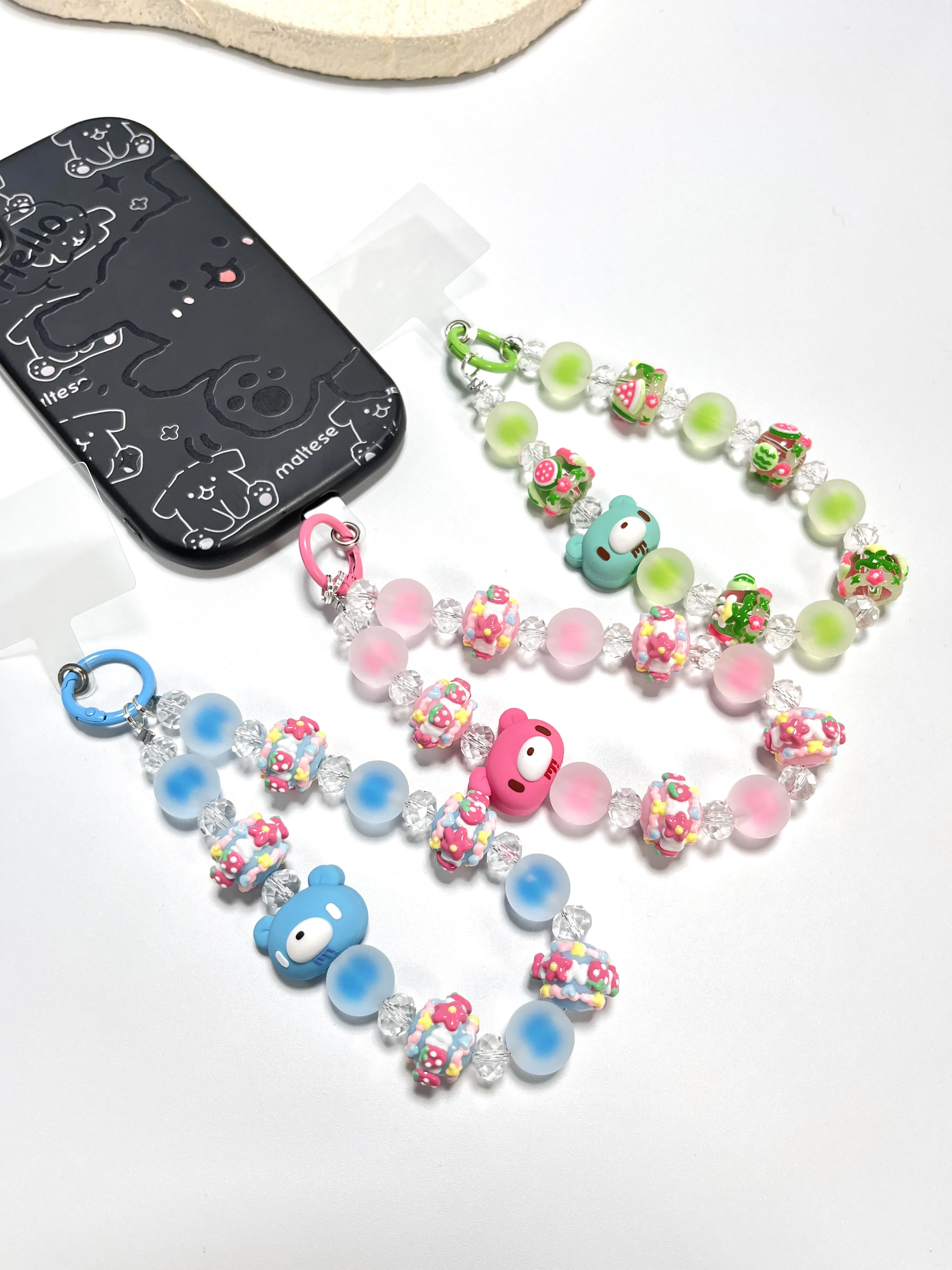 

Kawaii Bear Beaded Phone Charm Y2K Wrist Strap Strawberry Watermelon Crystal Beads Anti Lost Lanyard Keychain Gift for Girls