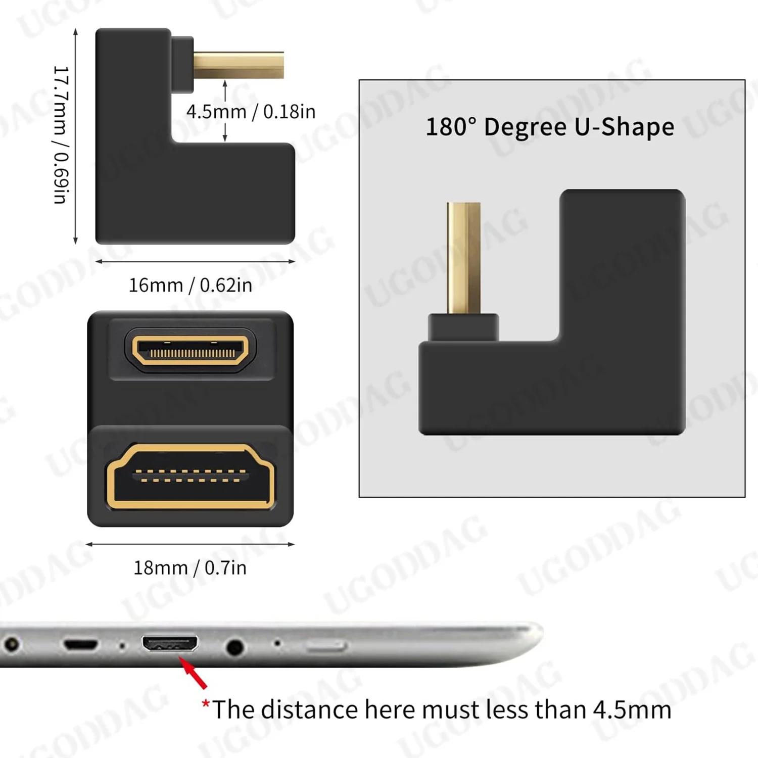 UP/Down Angle 180 Degree 8K@60Hz HDMI-compatible Female to Mini-HD Male U Shaped Adapter for Portable Monitor Notebook Camera