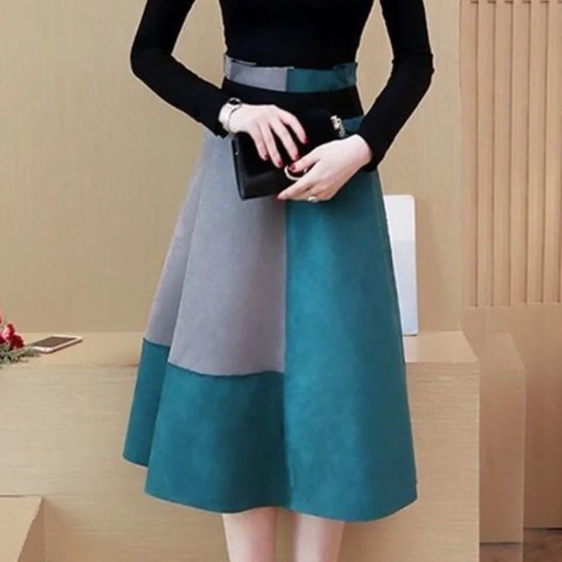 Spring Autumn New High Waist Contrast A-line Skirt All-match Zipper Loose Trend Skirts Vintage Elegant Temperament Women Clothes