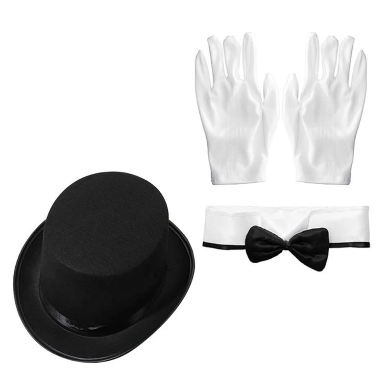 Fedoras +Bowtie + Glove Set Magicians Hat Black Short Brims Magicians Hat Cosplay Classical Bowtie and White Glove