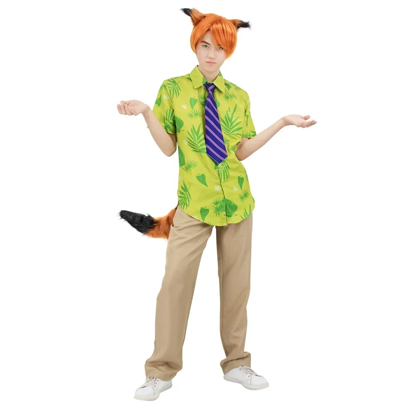 DAZCOS Fox Nick Wilde camisa de cosplay masculina com gravata, folhas verdes de Halloween estampadas, camiseta casual verão e gravata