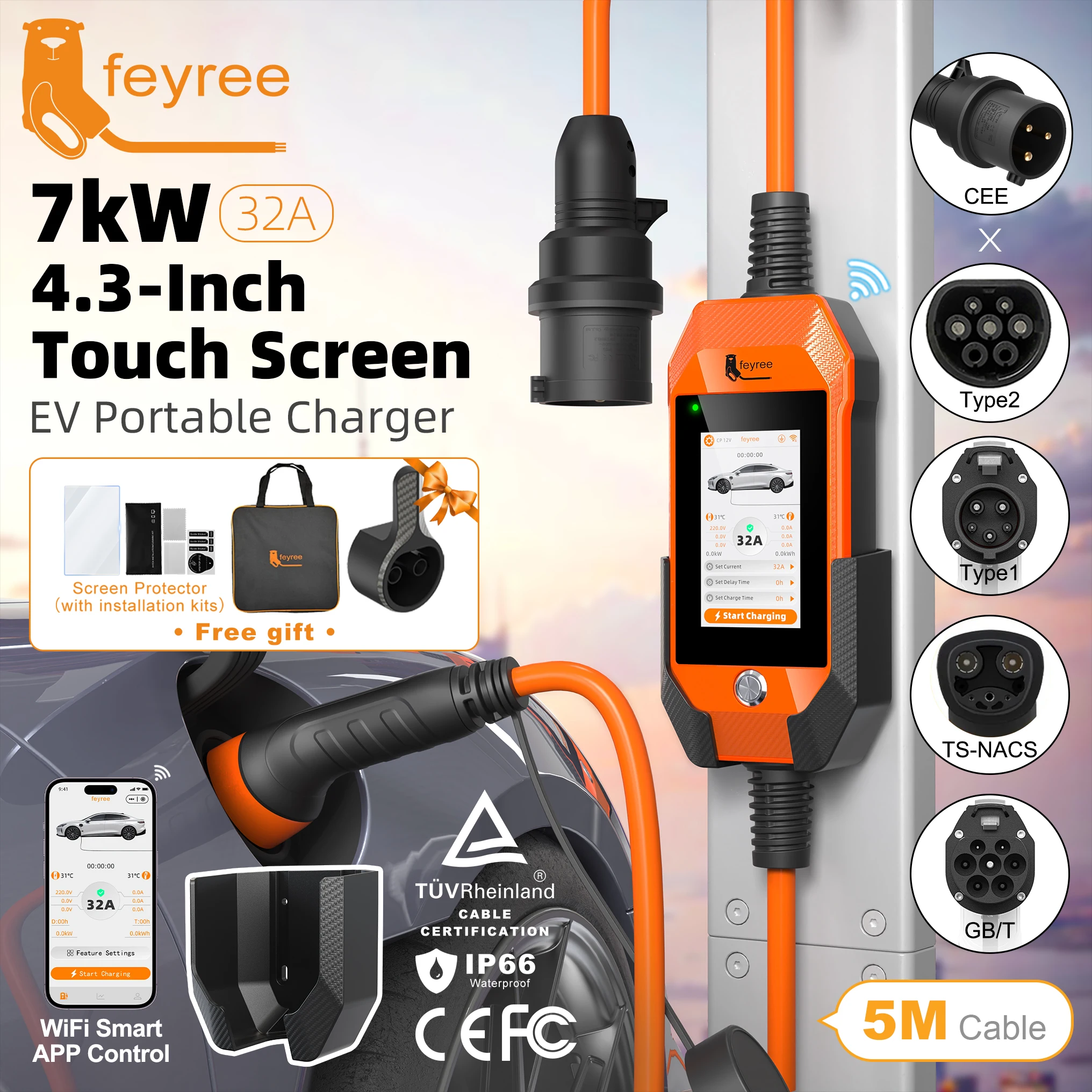 Feyree شاحن سيارات كهربائية 32A 7kW 1P 4.3 بوصة تعمل باللمس Type2 /Type1 /GBT /TS-NACS شاحن محمول تطبيق ذكي تحكم WiFi لسيارات EV