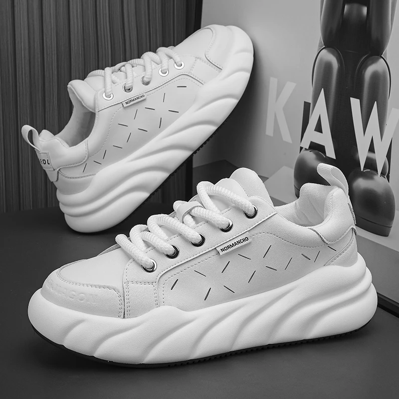 Zapatos deportivos de cuero para hombre, calzado de suela gruesa, transpirable, de esponja, PU, para correr, temporada europea, novedad de otoño, 2023