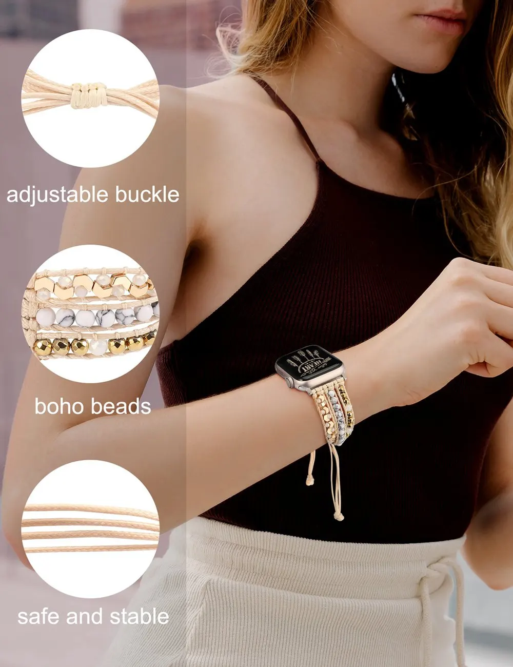 TOYOUTHS Boho Natural Bead Band for Apple Watch 41mm 40mm 38mm Women Adjustable Wrap Bracelet for iwatch Series 8 7 SE 6 5 4 3 2