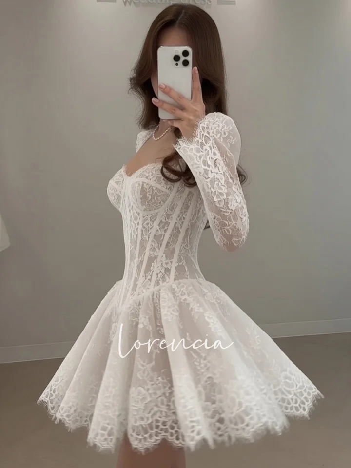 Lorencia Long Sleeves Lace Mini Wedding Dresses Sweetheart Basque Above Knee Short Bridal Shower Dresses Customized Lace Up Back