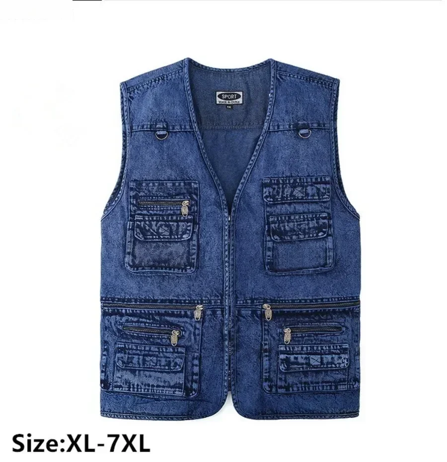 New Men's Pure Cotton Denim Vest Multi-pocket Loose Casual Sleeveless Jacket Male Hiking Fishing Travel Waistcoat Plus Size