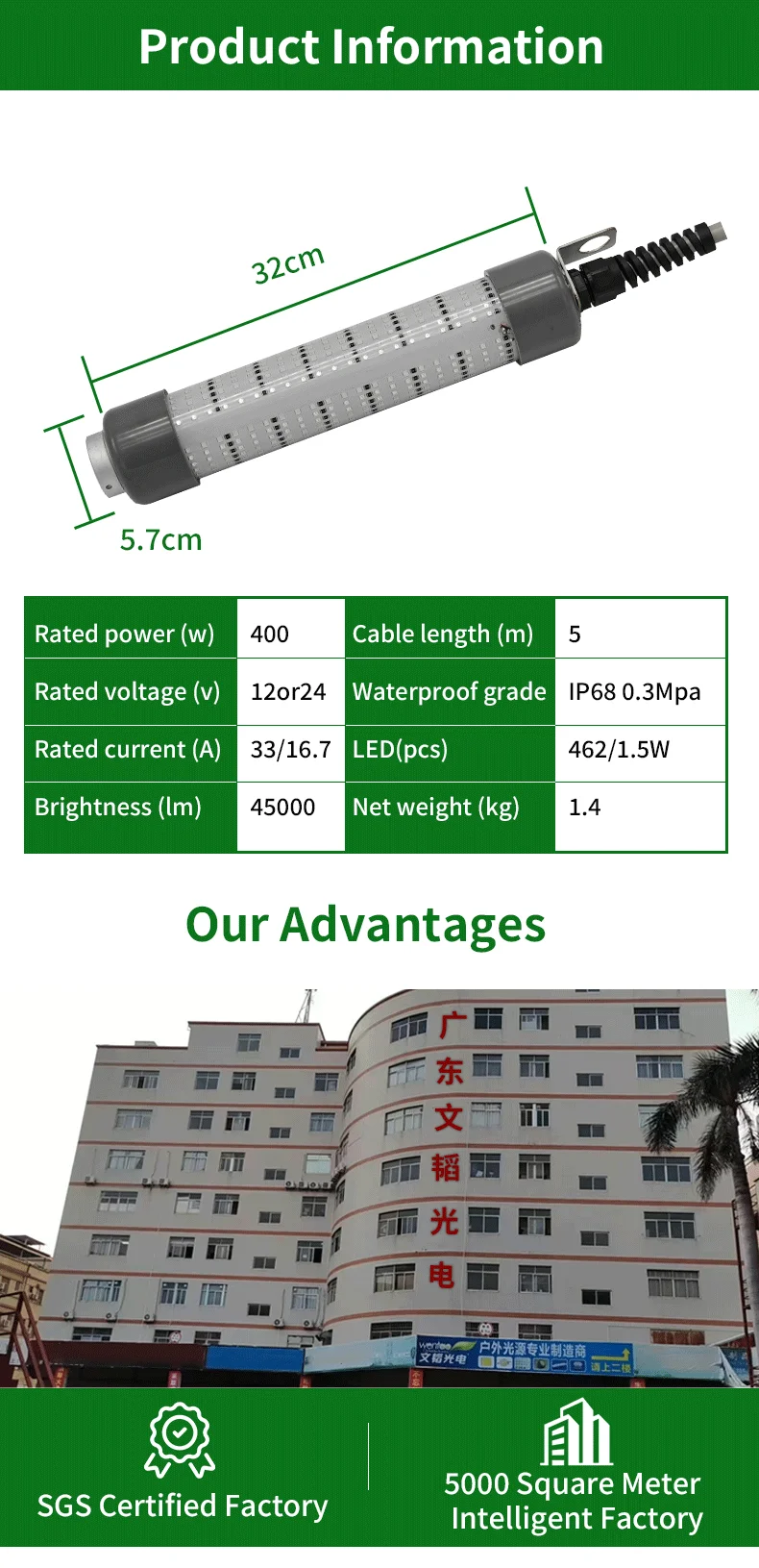 400w Underwater Fishing Light Stick Attracting Squid Cuttlefish Commercial Light Gear