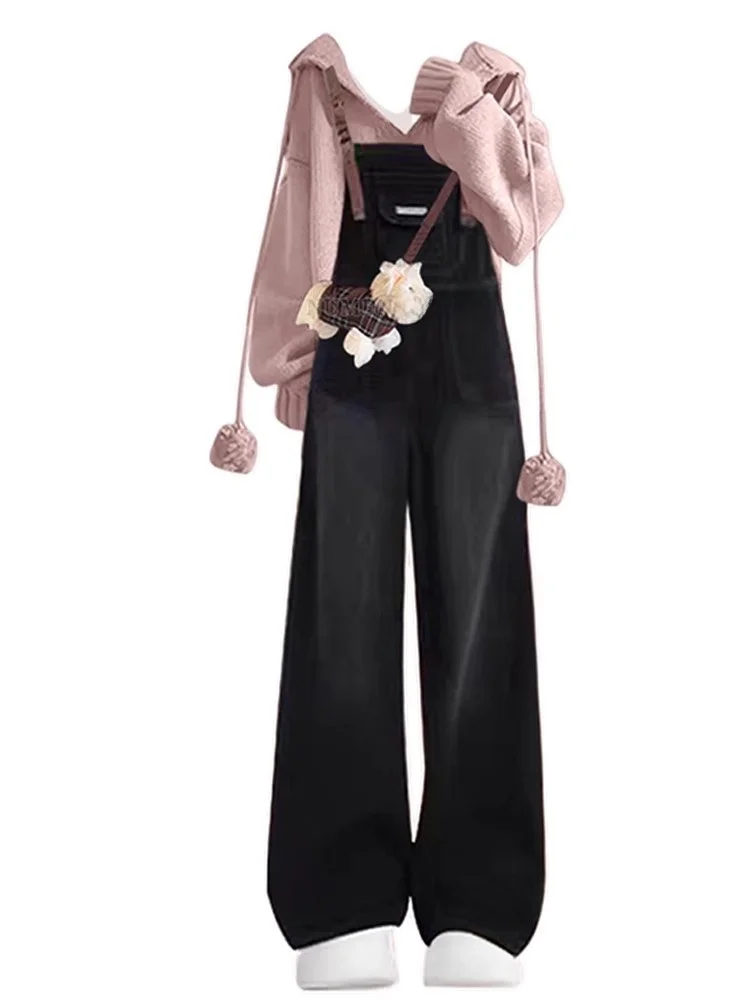 Sweet Sle Age-Defng Strickpullover und lockere Jeans-Overalls, zweiteiliges Set für Damen, Herbstsaison, Freizeitkleidung