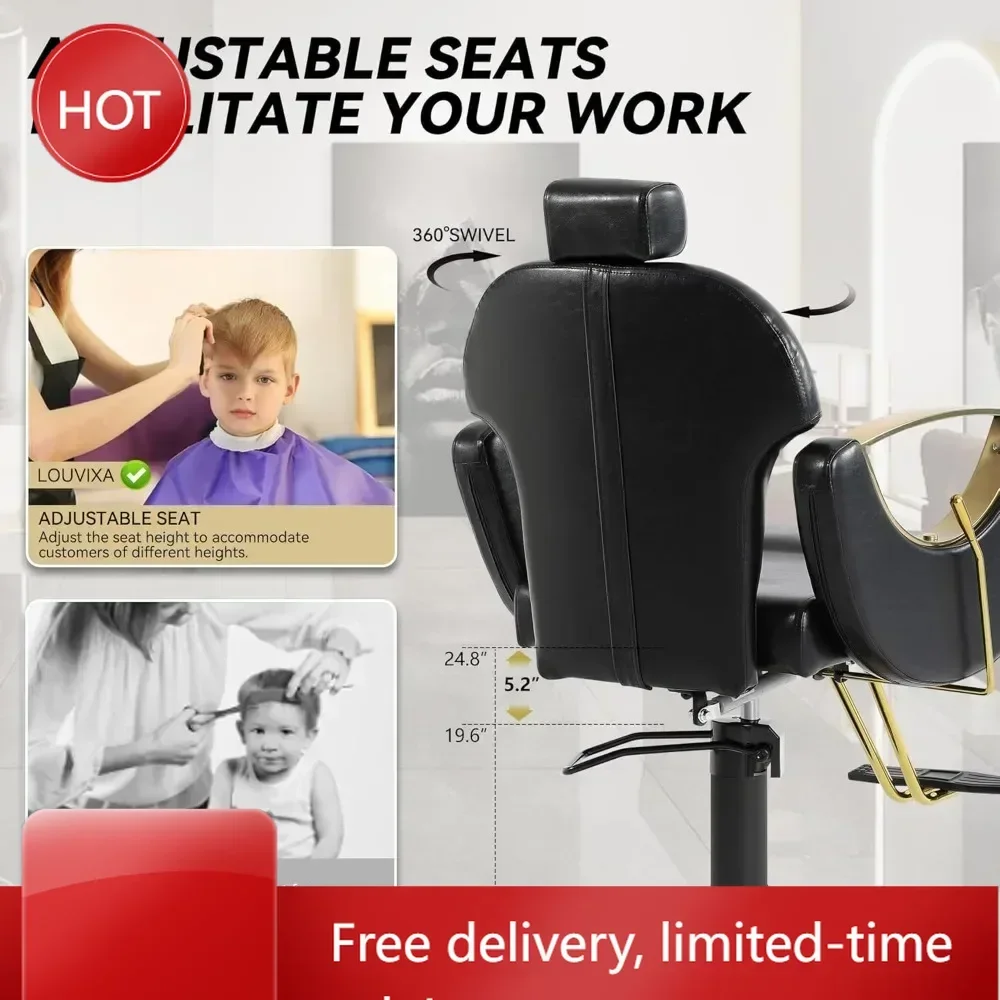 

"Adjustable Height Hydraulic Reclining Salon Chair for Hair Stylists with 360-Degree Swivel and Multi-Function Features"