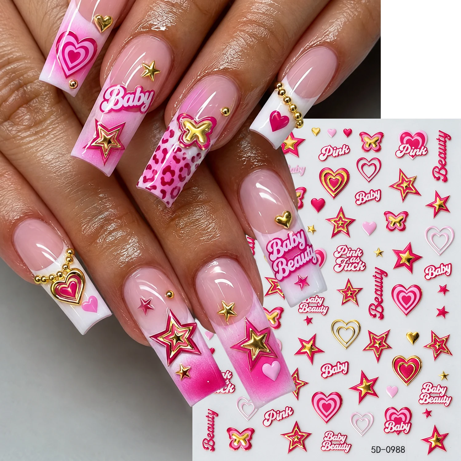 1Pcs 5D Bronzing Pink Love Heart Star Nail Decals Self Adhesive Letter Pattern Nail Art Stickers DIY Nail Art & Nail Salon Use *