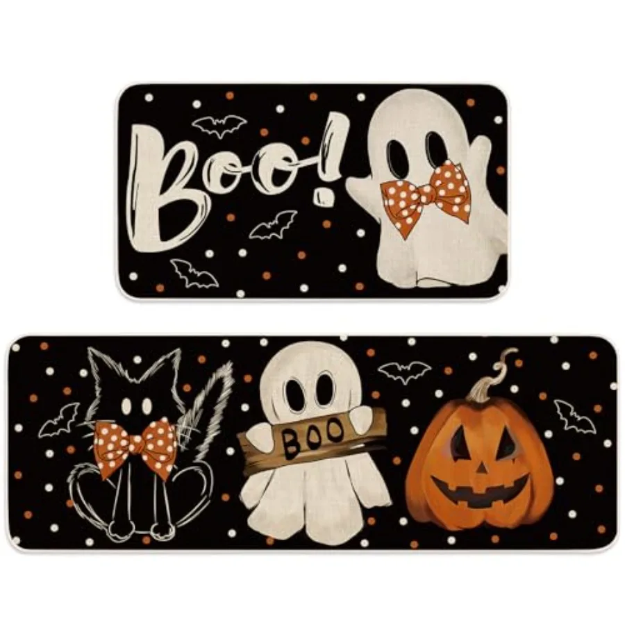 

Halloween Kitchen Mats Set of 2 Ghost Pumpkin Boo Kitchen Floor Mat NonSlip Spooky Decorative Bathroom Rugs 17 x 29 Inch and 17
