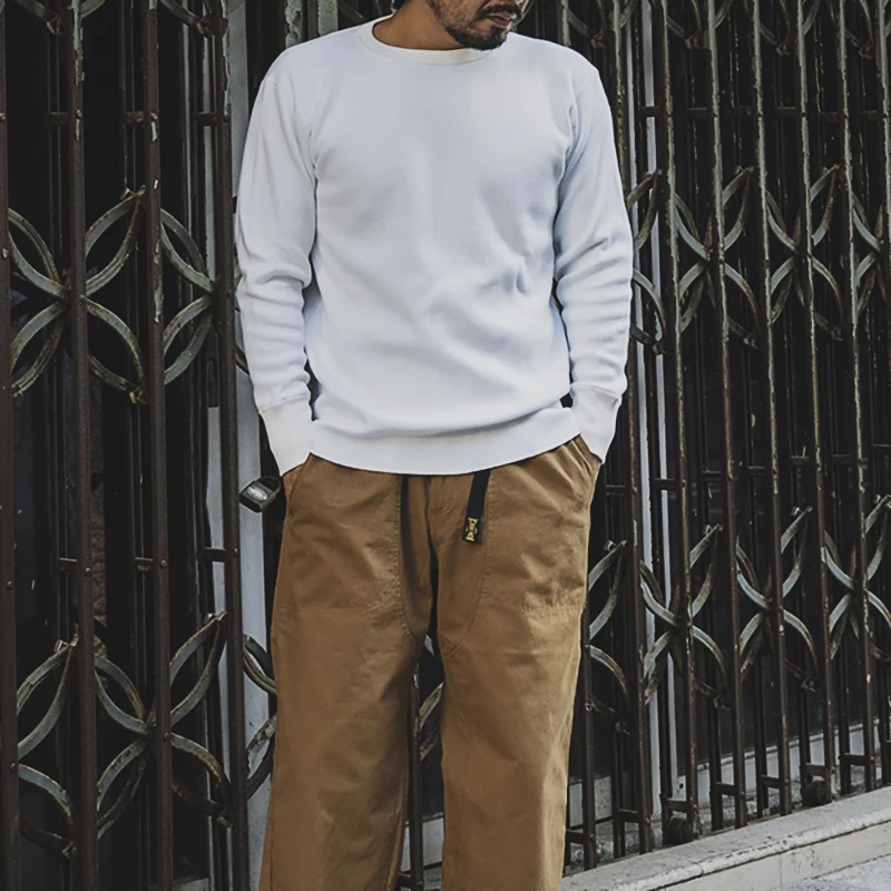 

Теплая мужская футболка с длинным рукавом в американском ретро-стиле, из плотного хлопка с вафельным узором, базовая, молодежная, повседневная, с круглым вырезом.