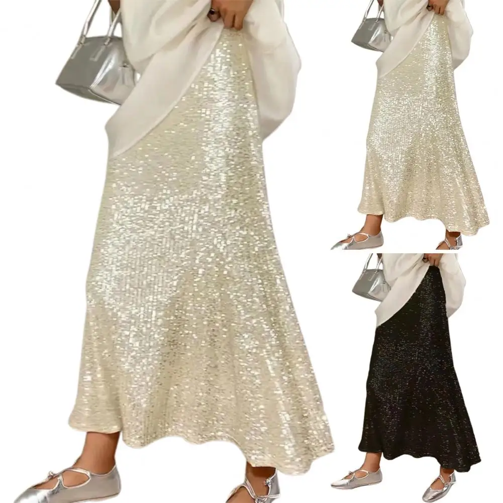 

Юбка женская 2026 Весна-Осень, новая модная, с пайетками, на резинке, с высокой талией, на подкладке, эластичная, драпированная, повседневная, миди, длинная юбка