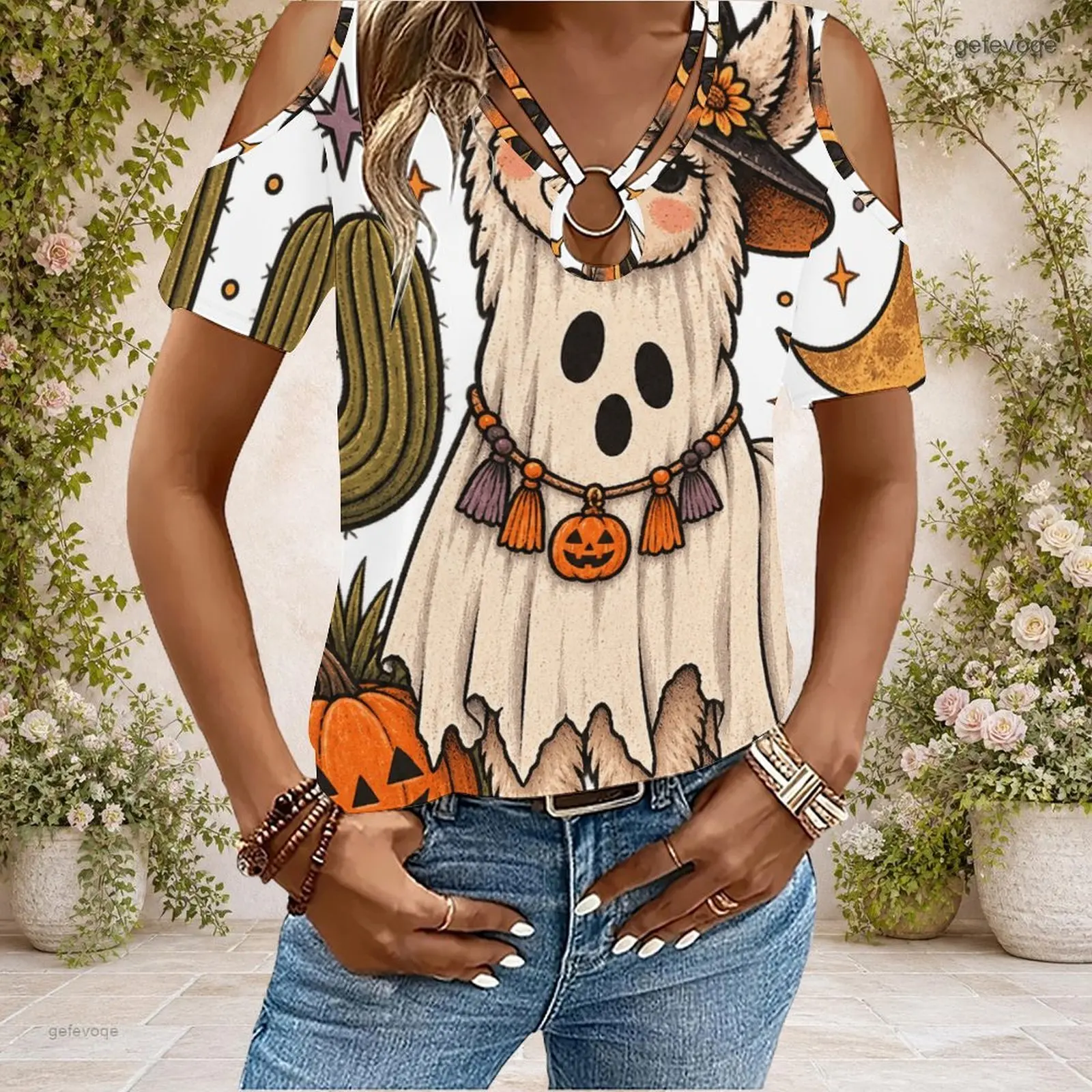 Women Cold Shoulder Short Sleeve T Shirt V Neck O Ring Keyhole Cutout Loose Casual Top Custom Print Ladies Daily Blouse