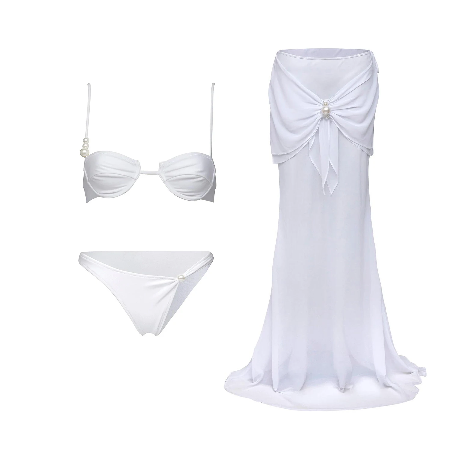 Pearl 3Pcs Bikini Set 2026 Bandeau Biquini Women Sexy Swimsuit Push Up Swimwear Female Long Skirt White Bathing Suit Beachwear