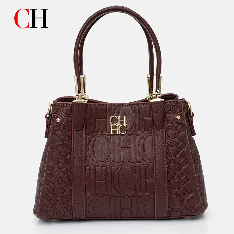 CH Women's Monogram Embossed Tote Bag PU Leather Top Handle Handbag with Gold Hardware Detachable Shoulder Strap