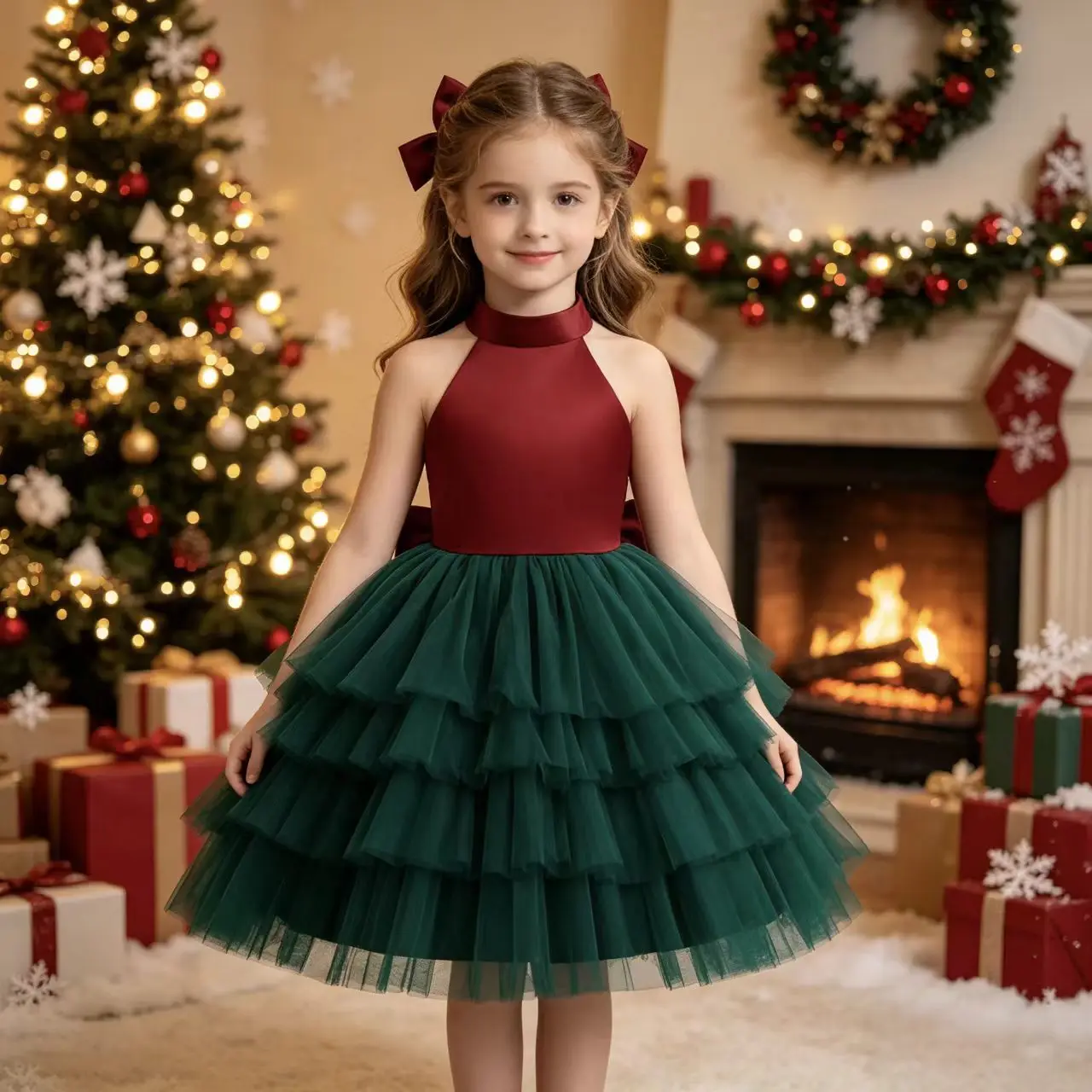 2026 NeLittle Girl Festive Tulle Tutu Dress Halter Bow Design Outfit for Christmas Dinner Holiday Gathering New Year Celebration