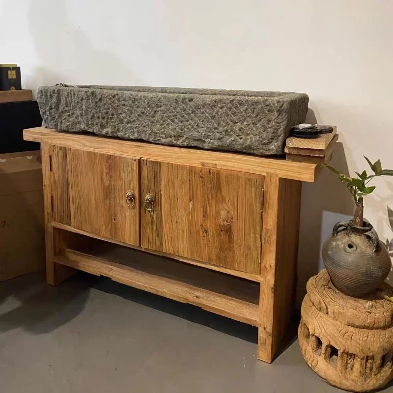 Old elm dining side cabinet, household small apartment low cabinet, washing table hotel bed and breakfast side cabinet